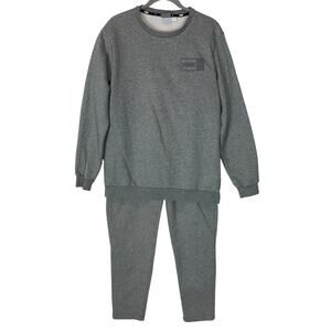 Puma Tracksuit Set Mens Large Heather Gray Stretch Logo Fleece Lined Crewneck